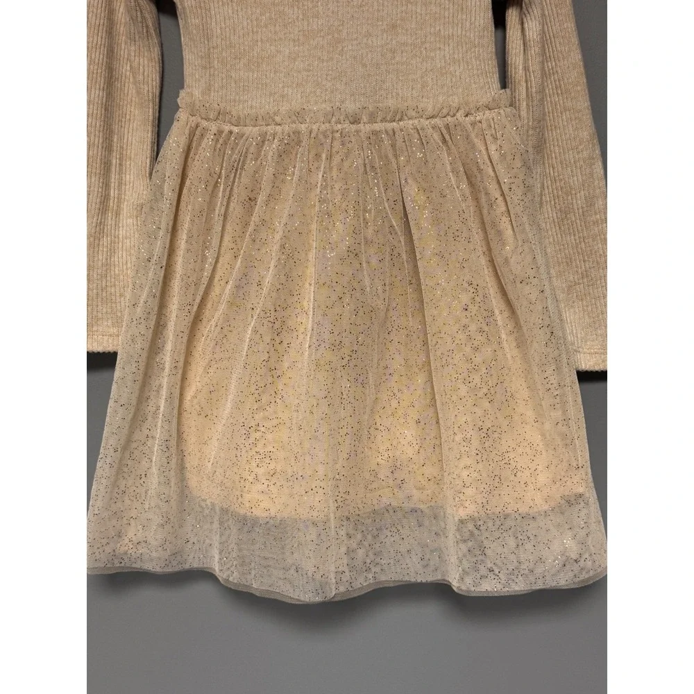 OshKosh Bgosh Toddler Girls 5T Ribbed Knit Glitter Tulle Tutu Dress Oatmeal Gold